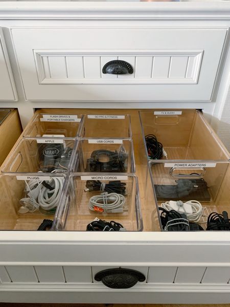 Cords. Difficult to organize and all we want is to be able to find one when we need it. 😩 In this office drawer I used simple clear cubes to separate. And I labeled each cube for easy of finding. Also linking one of my favorite label makers - I use this one to print thin or wide labels. It’s great! 

#LTKhome #LTKfamily #LTKkids