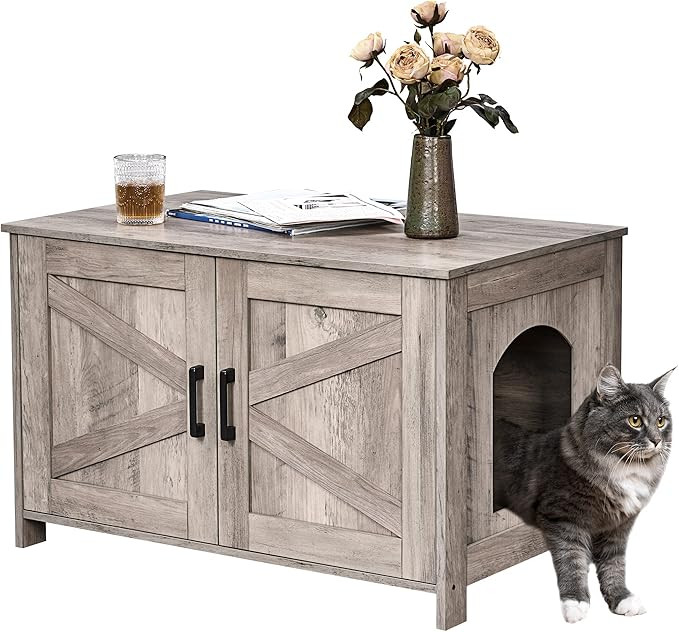 Homhedy Cat Litter Box Enclosure,Litter Box Furniture Hidden with Barn Door,Wooden Cat Washroom F... | Amazon (US)