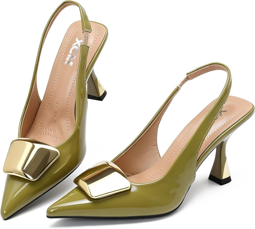 XCM Women's Closed Pointed Toe Slingback Heels Patent Leather Pumps | Amazon (US)