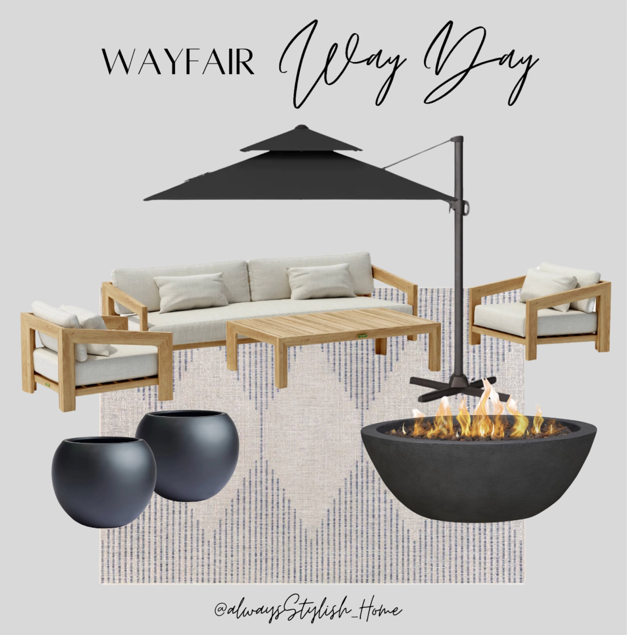 WayFair way day sale! Outdoor living, patio finds, backyard set, wood outdoor furniture, black cantilever umbrella, black firebowl, round planters, outdoor rug, modern organic home 

#LTKsalealert #LTKhome #LTKfindsunder100