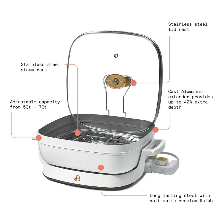 Beautiful 5 in 1 Electric Skillet - Expandable up to 7 Qt with Glass Lid, White Icing by Drew Bar... | Walmart (US)