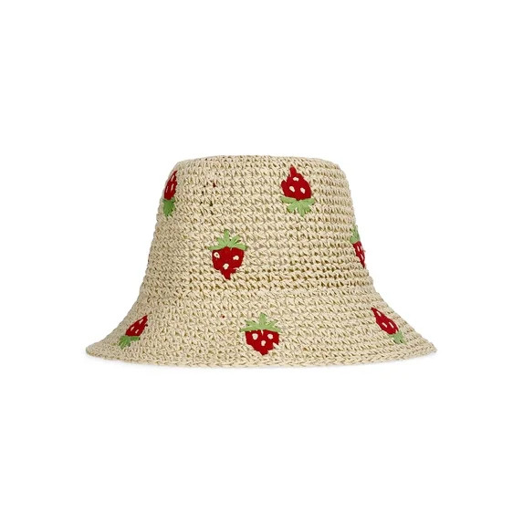 No Boundaries Straw Bucket Hat, Women's, Natural/Strawberry | Walmart (US)