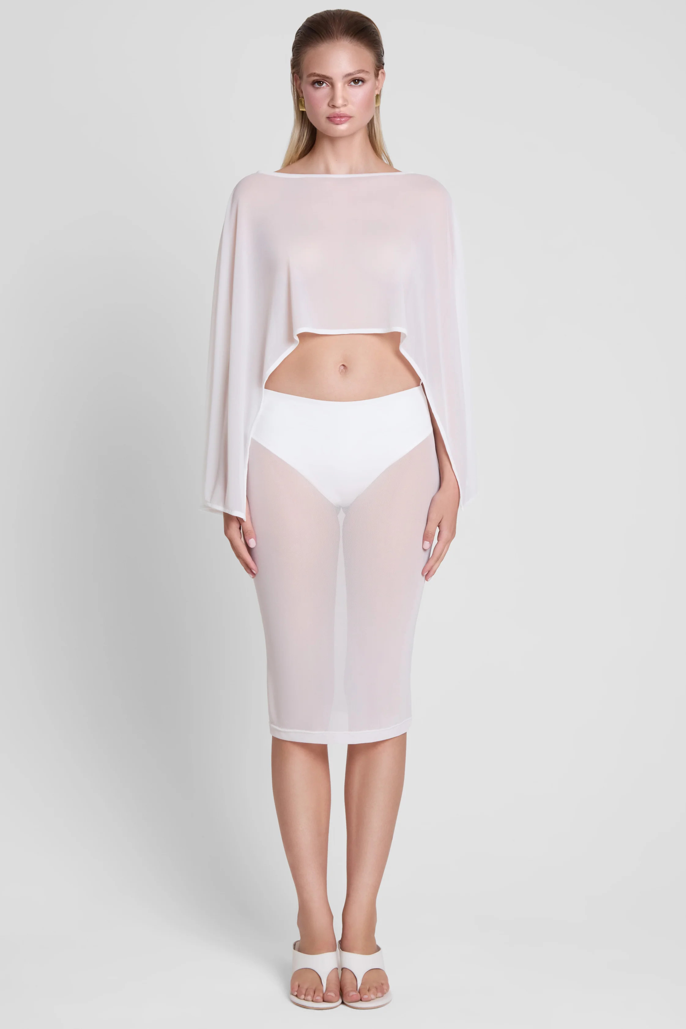 Vesper Sheer Mesh Knee Length Skirt - White | LEAU (US)