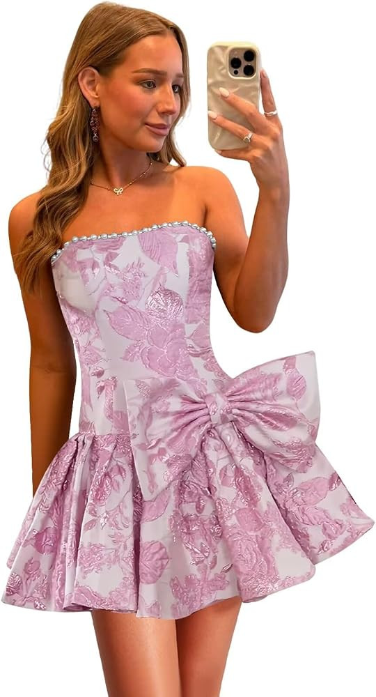 Short Jacquard Homecoming Dress Pearl Strapless Prom Dress with Bow | Amazon (US)