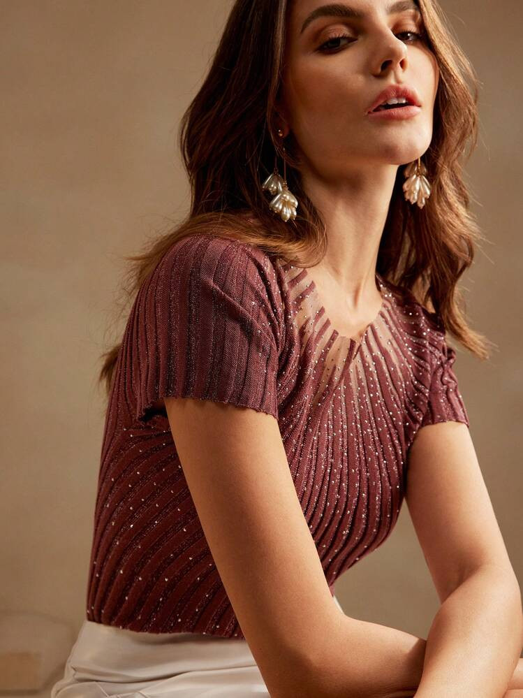 Anewsta Women's Elegant Short Sleeve Rhinestone Decor Semi-Sheer Knit Top | SHEIN