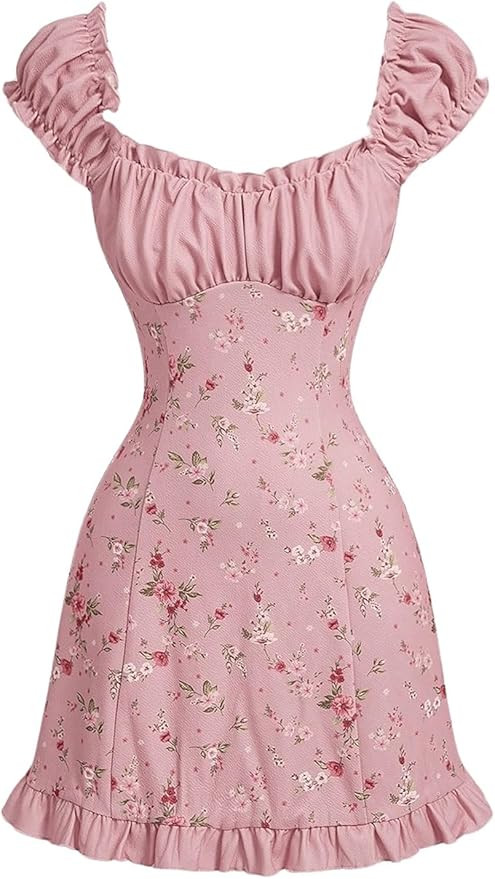 Floerns Women's Bodycon Floral Print Puff Cap Sleeve Pleated Frilled Trim Mini Dresses | Amazon (US)