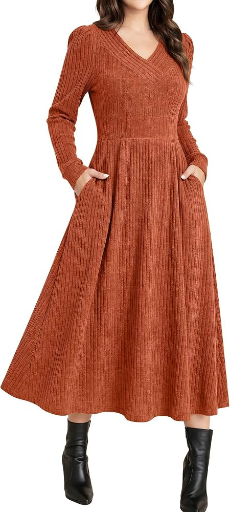 ANRABESS Womens Long Sleeve V Neck A Line Fall Midi Dress | Amazon (US)