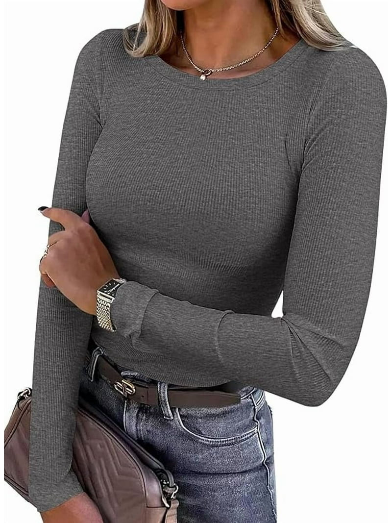 PRETTYGARDEN Women Summer Long Sleeve Shirts Ribbed Knit Crewneck Fitted Basic Tee Going Out Tops... | Walmart (US)