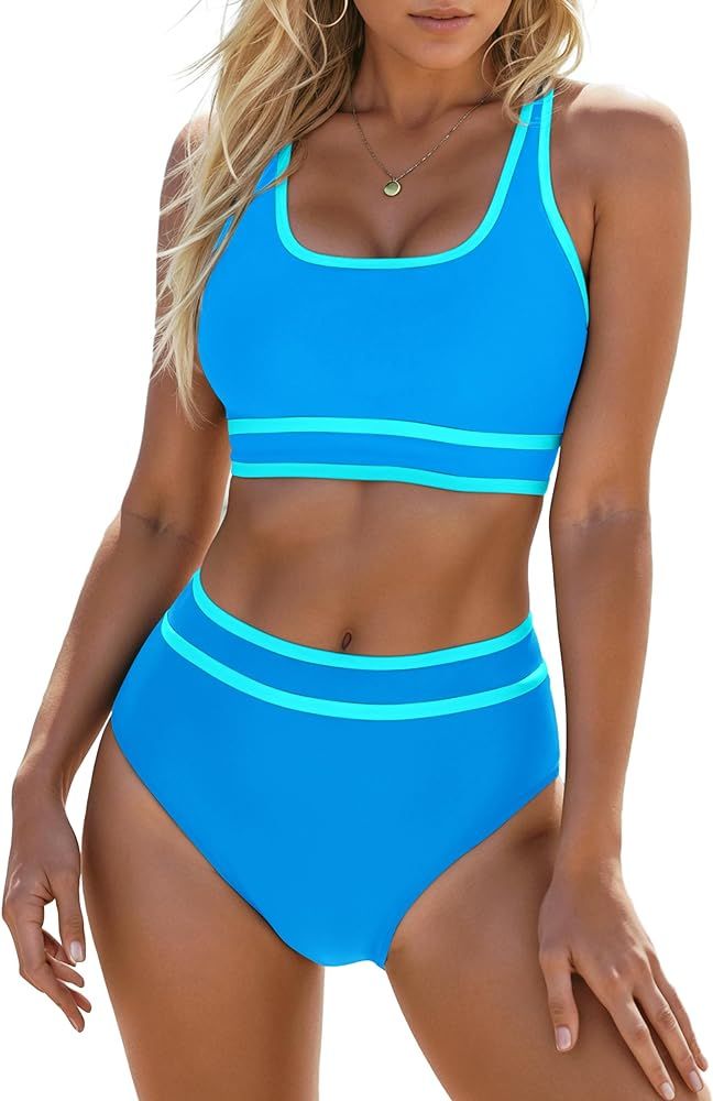 Blooming Jelly Women's High Waisted Two Piece Bikini Sets Color Block High Cut Swimsuits | Amazon (US)