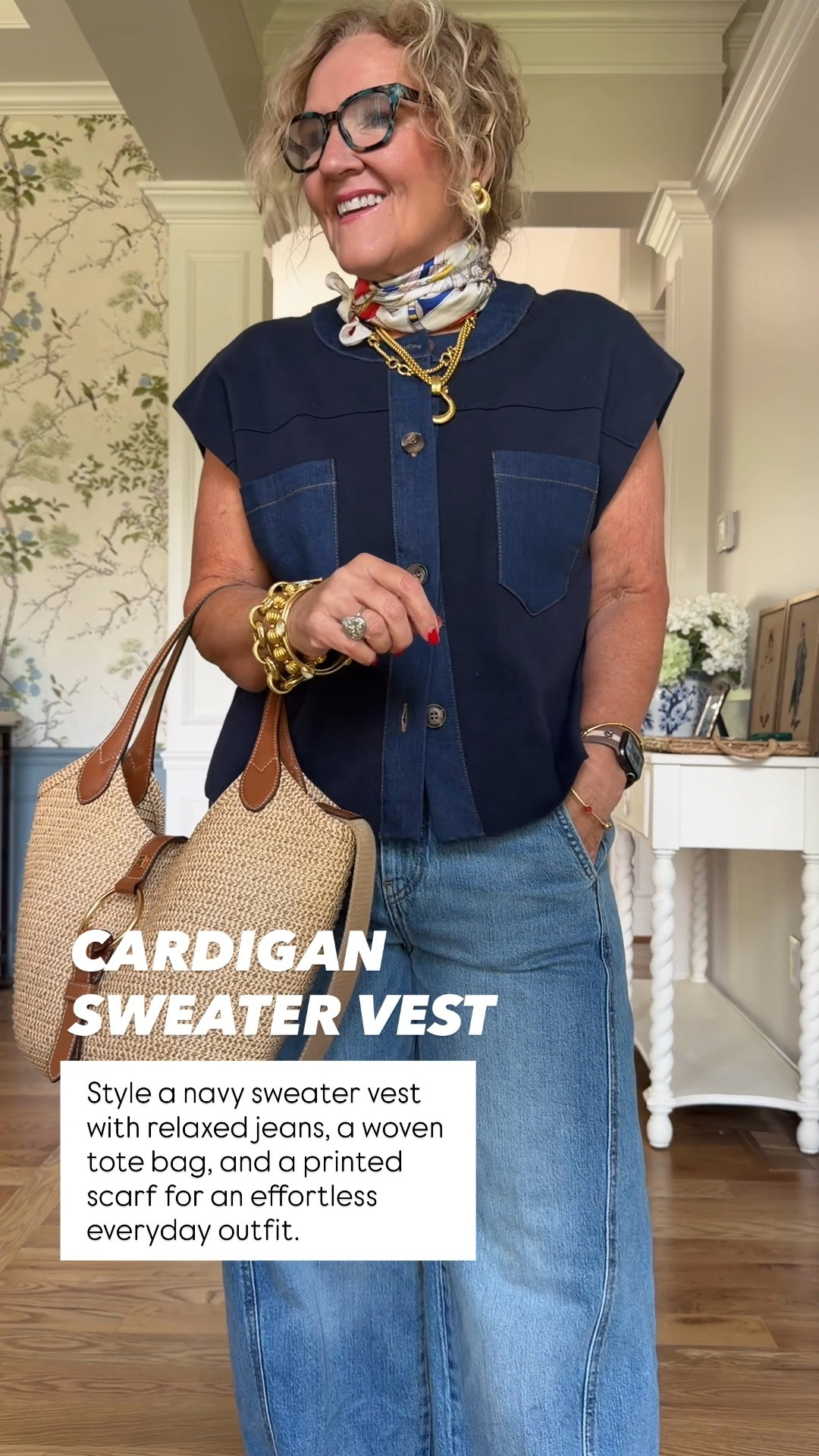 This sweater vest is finally back in stock, and it's such a fun layering piece!  I'm wearing a medium in the vest and size 29 regular in the jeans. My woven tote is one of my everyday favorites, and I'll link a similar scarf to complete the look.

💛 LTK MADE EASY 
❤️ Heart = Support my posts 
🔖 Save = Get sale & restock alerts 💬 Comment if you have sizing questions!

#LTKootd #LTKSeasonal #LTKOver40