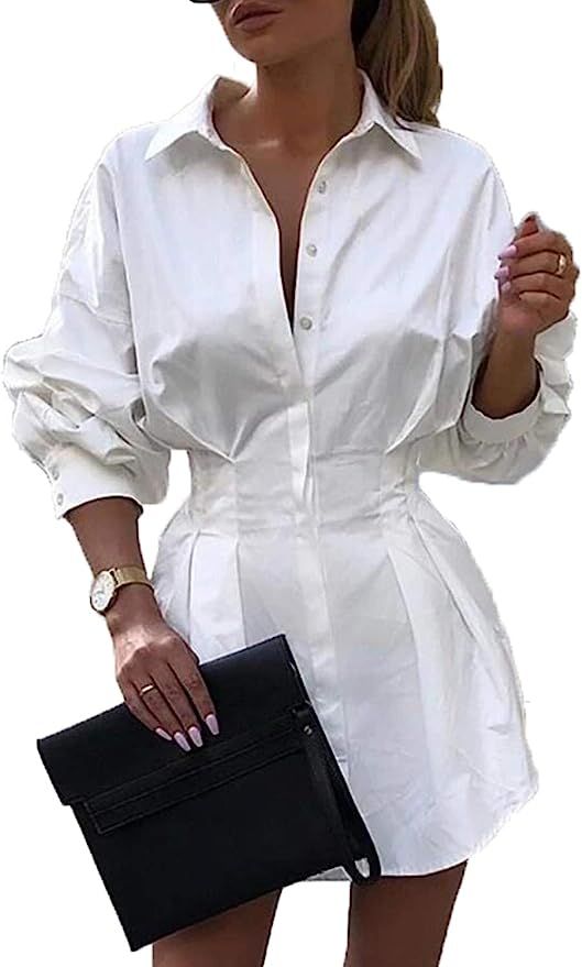 Rozegaga Womens Sexy Long Sleeve Button Down Cinched Waist Mini Shirt Dress | Amazon (US)