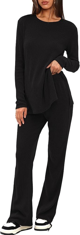 Darong Womens 2 Piece Pajamas Sets Ribbed Knit Lounge Sets Long Sleeve Top and Pants 2024 Fall Ma... | Amazon (US)