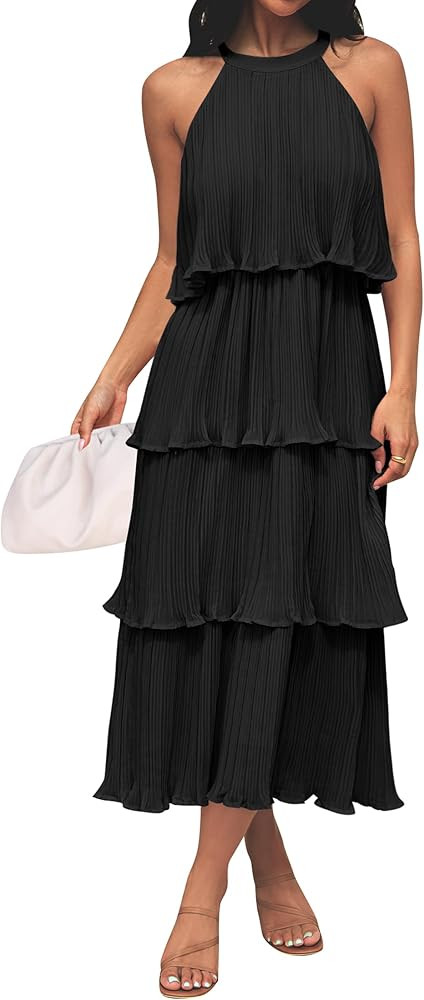 ZESICA Women's 2025 Summer Sleeveless Halter Neck Ruffle Tiered Layed Chiffon Flowy Swing Long Mi... | Amazon (US)