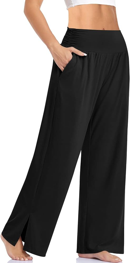 UEU Womens Wide Leg Yoga Pants High Waisted Side Slit Joggers Casual Loose Lounge Sweatpants with... | Amazon (US)