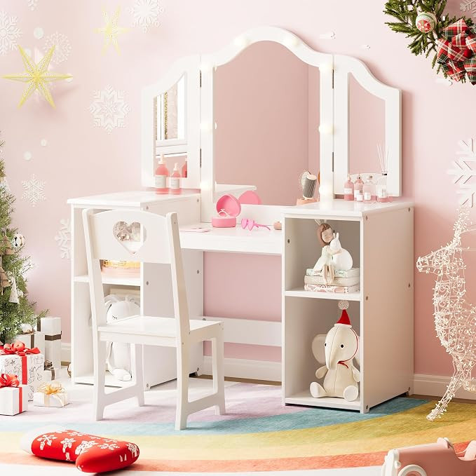 GarveeHome Kids Vanity with Lights Storage Cabinet & Touch Light Detachable Tri-Folding Mirror, 2... | Amazon (US)