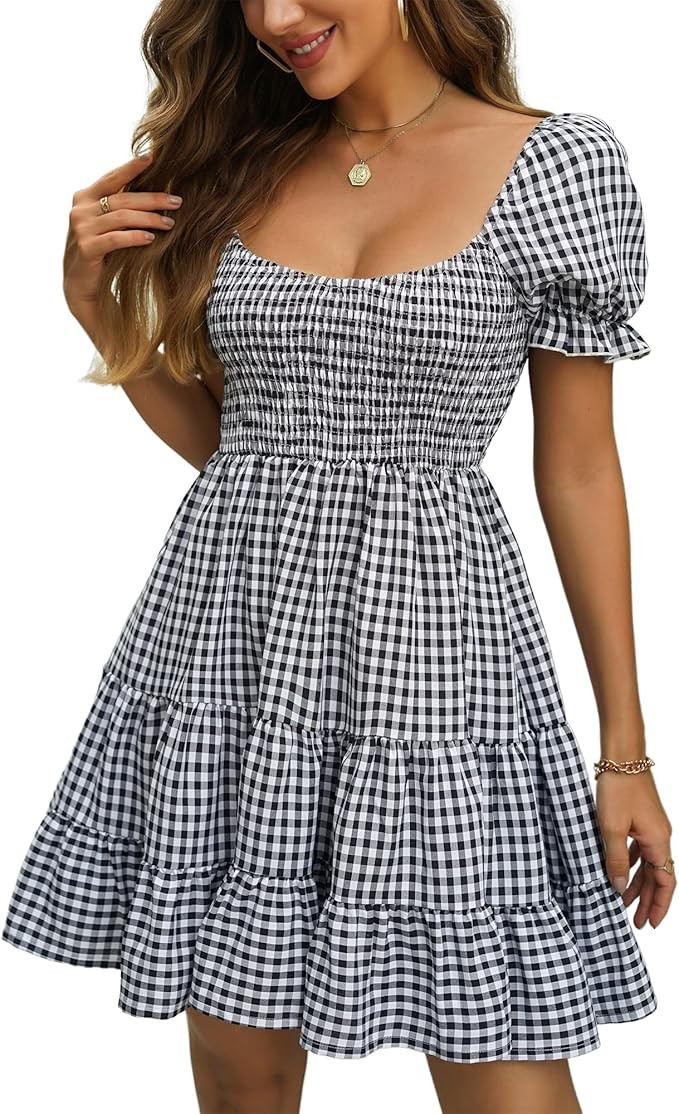 Dokuritu Women's Dresses Summer Plaid Gingham Checkered Cottagecore Puff Sleeve Smocked Cute Teen... | Amazon (US)