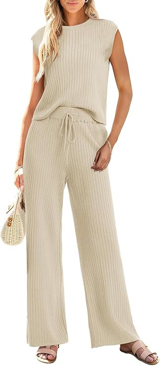Imily Bela Womens 2 Piece Outfits Sleeveless Ribbed Knit Tops Wide Leg Pants Summer Vacation Swea... | Amazon (US)