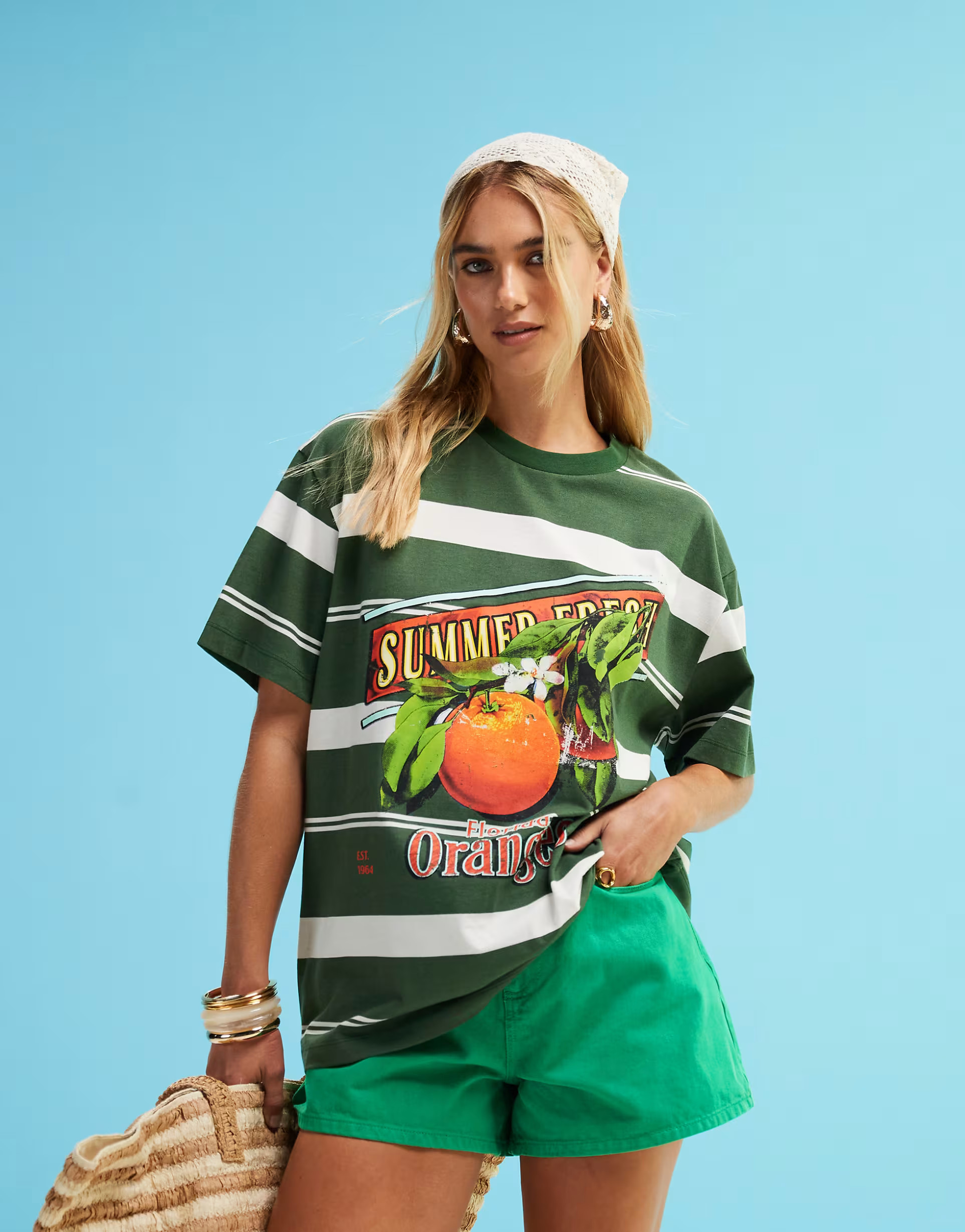 ASOS DESIGN oversized t-shirt with orange fruit graphic in green stripe | ASOS | ASOS (Global)