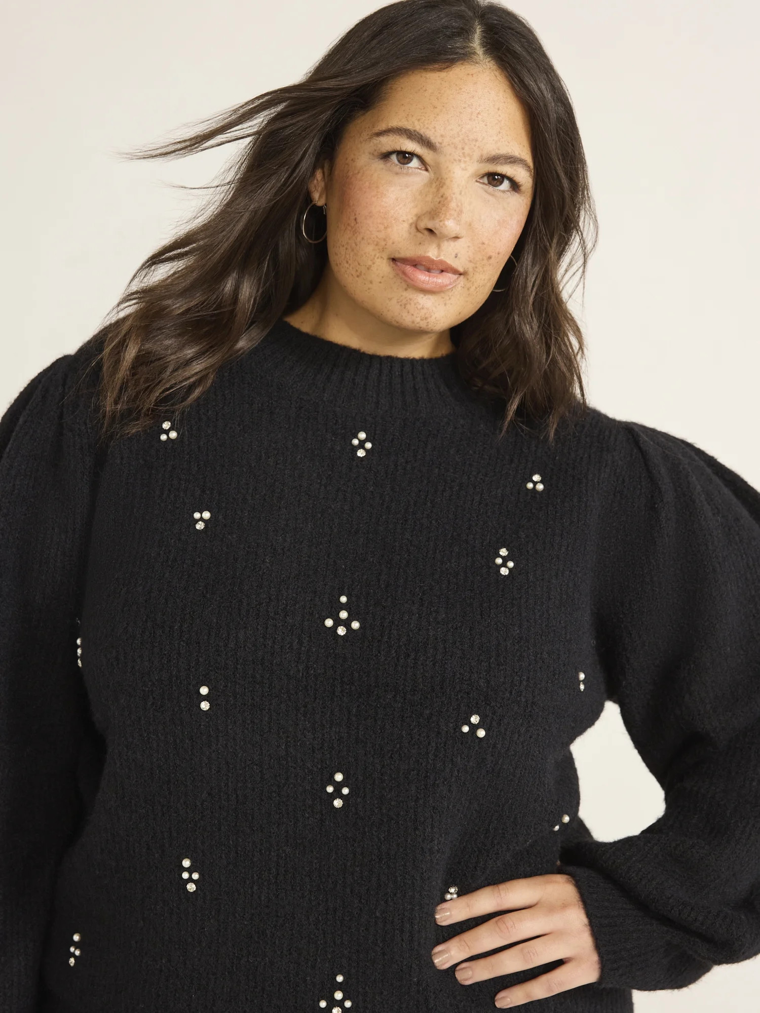 Free Assembly Women’s and Women's Plus Beaded Sweater with Puff Sleeves, Midweight, Sizes XS-4X | Walmart (US)