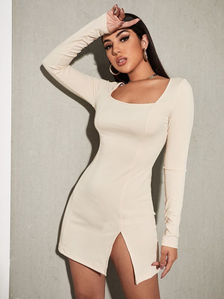 Square Neck Slit Hem Rib-knit Dress | SHEIN
