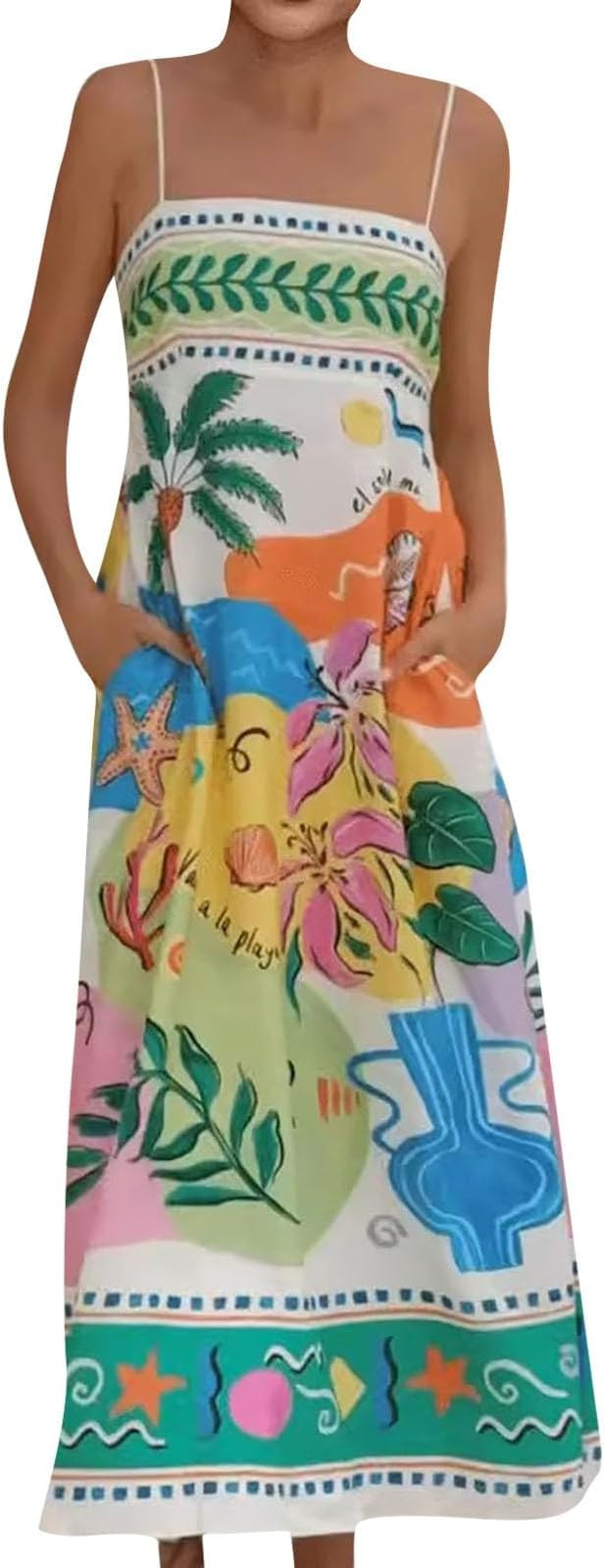 Beach Dresses for Women 2025 Vacation Spaghetti Strap Graffiti Maxi Dress Graphic A Line Swing Lo... | Amazon (US)