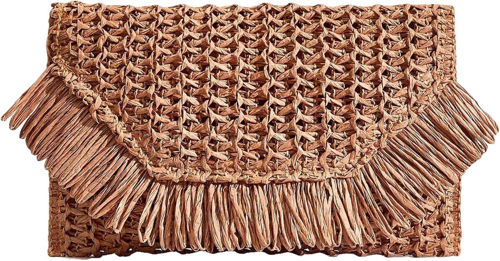 Floerns Women's Woven Straw Envelope Fringe Trim Rattan Beach Clutch Handbag Brown One Size: Hand... | Amazon (US)