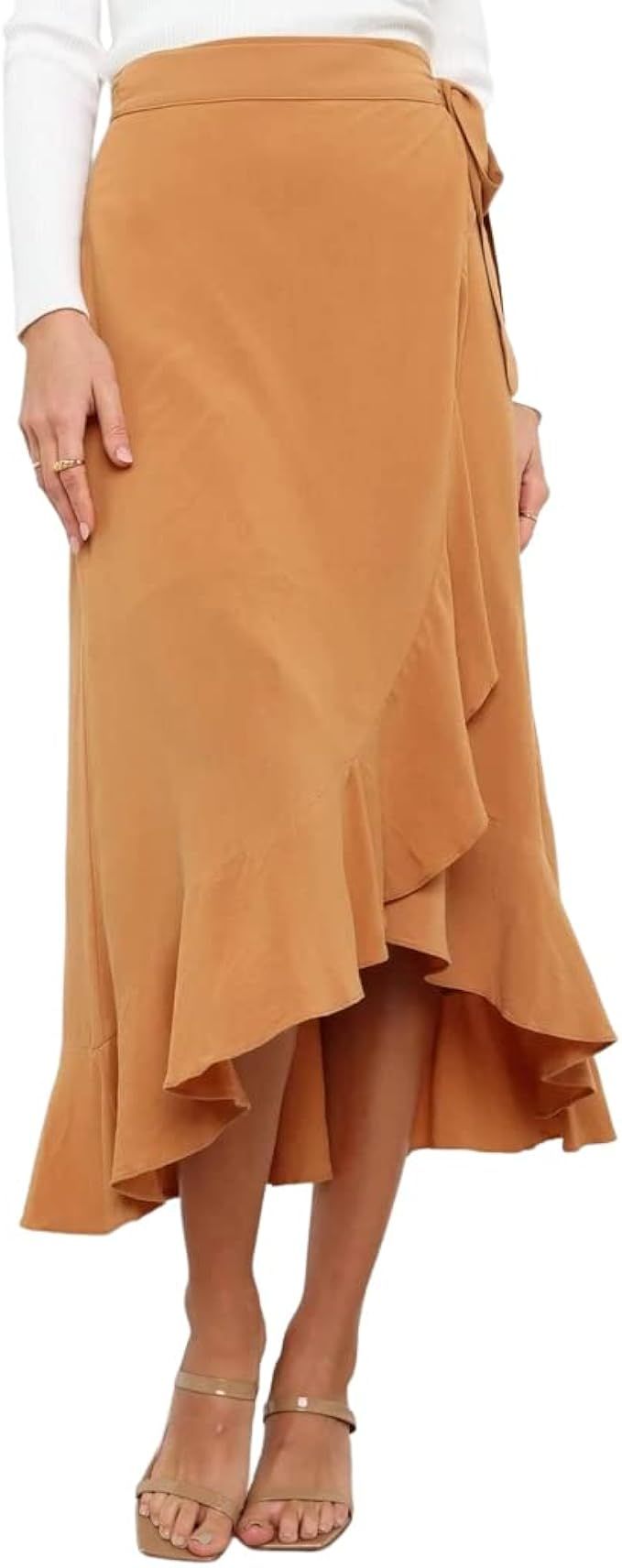 VNDFLAG Women's High Waisted Wrap Ruffle Hem Split Midi Skirt | Amazon (US)