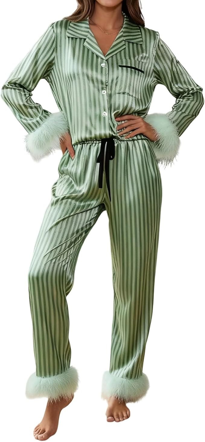 Amiblvowa Women Christmas Pajamas Set Satin Silk Sleeve Button Up Collared Tops and Pants 2 Piece... | Amazon (US)