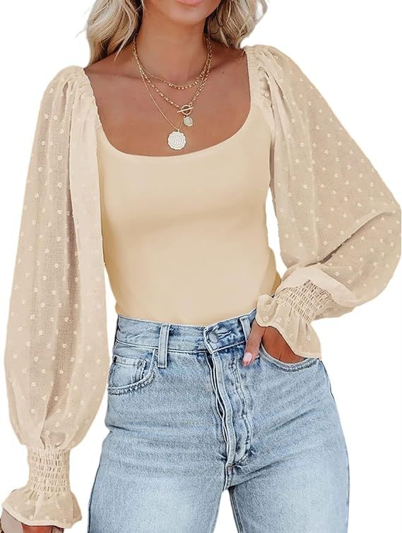 Zeagoo Women's Top Mesh Long Sleeve Shirts Casual Square Neck Polka Dot Puff Sleeve Tunic Blouse | Amazon (US)