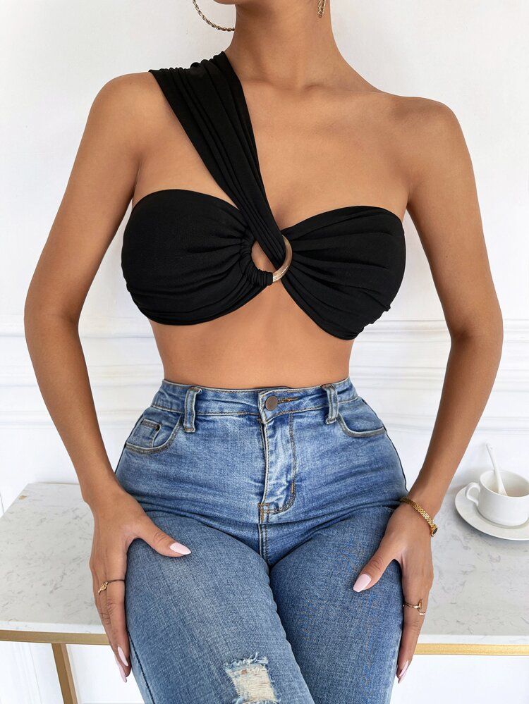 One Shoulder Ring Ruched Bust Crop Top | SHEIN