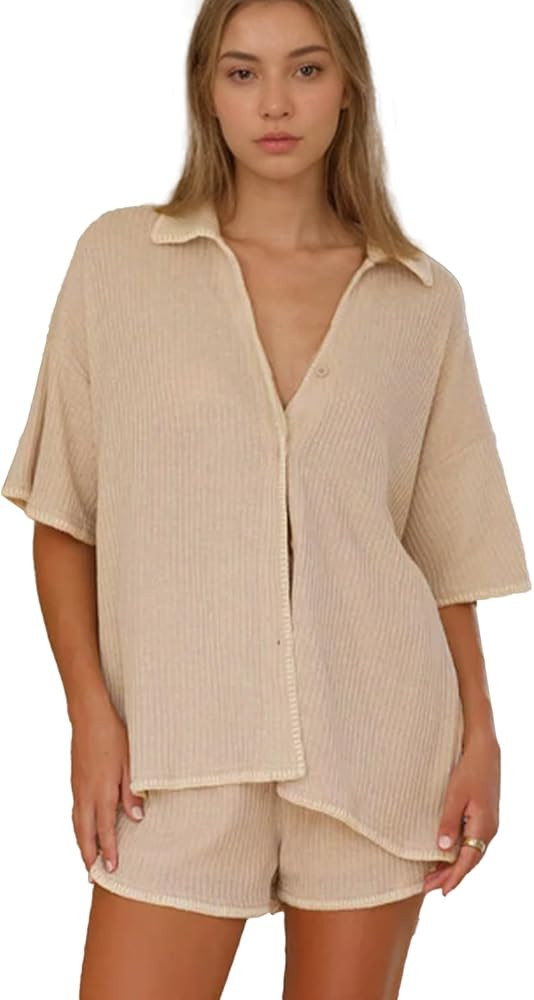 Womens Pajamas Set Knit Two Piece Outfits Short Sleeve Matching Sets Pjs Lounge Outfits for Women... | Amazon (US)