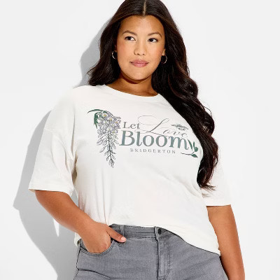Women's Bridgerton Let Love Bloom Oversized Short Sleeve Graphic T-Shirt - Cream 1X | Target