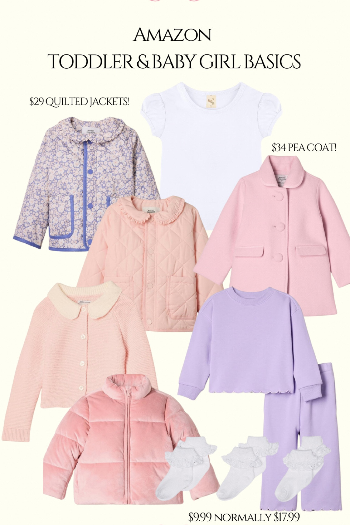 Classic children’s clothes, toddler and baby girl clothes, pink and lavender, baby girl coat, toddler coat, quilted coat, Peter Pan collar, velour jacket, scallop hem, Jefferies socks 

#LTKkids #LTKSeasonal #LTKfindsunder50