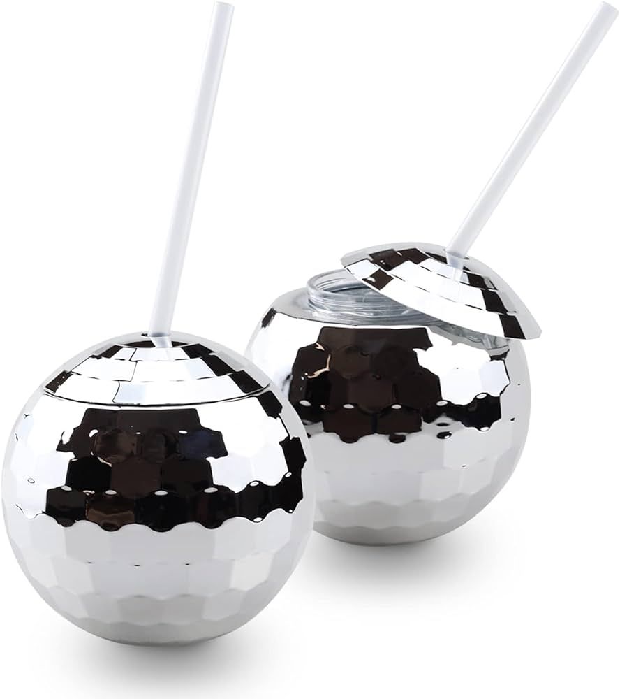 2Pcs Disco Ball Cups（20oz）-1970s Silver Disco Ball Drinking Cup，Disco Ball Cups with Straws... | Amazon (US)