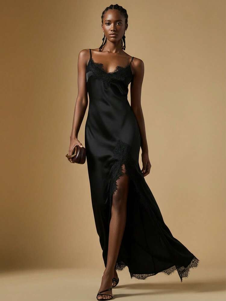 Briarwyn Women's Cold Shoulder Spaghetti Strap Black Lace Patchwork High Slit Hem Dress,Party Dress,Christmas Clothes,New Year Clothes ,Elegant Dresses For Party,Sexy Dress ,Black Dress,Old Money Style Women | SHEIN