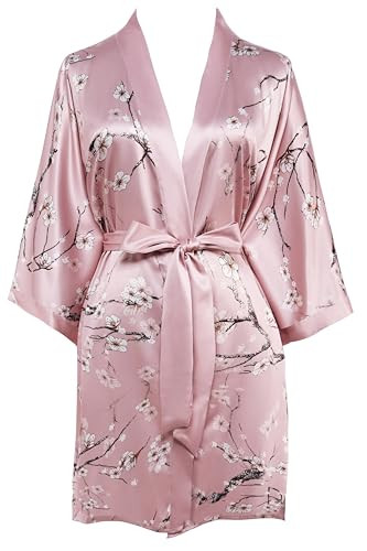 BABEYOND Short Kimono Bath Robe Blouse Kimono Cover Up Loose Cardigan Sleepwear Wedding Robe (Plum Blossom-Pink) | Amazon (US)