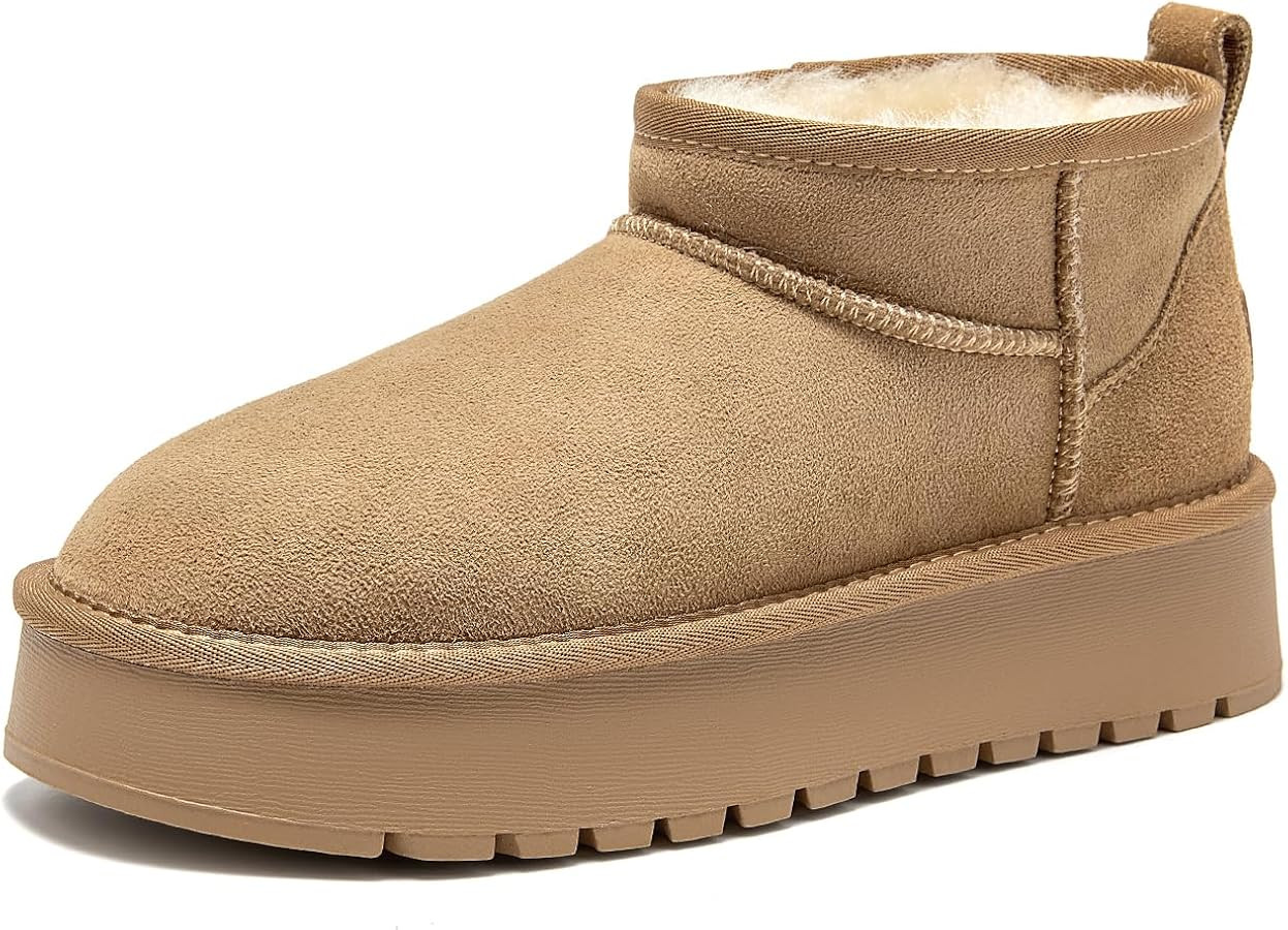 BEAU TODAY Womens Platform Ankle Boots Genuine Sheepskin Mini Boots for Women Comfortable Anti-Sl... | Amazon (US)