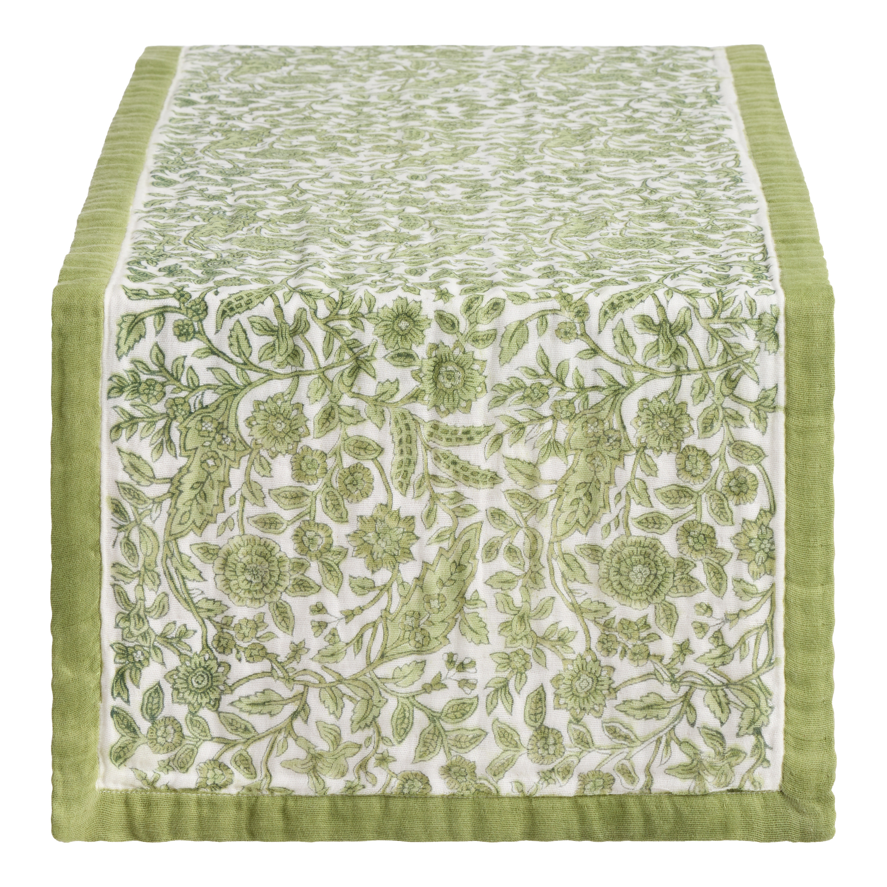 Green Cotton Gauze Floral Block Print Table Runner | World Market