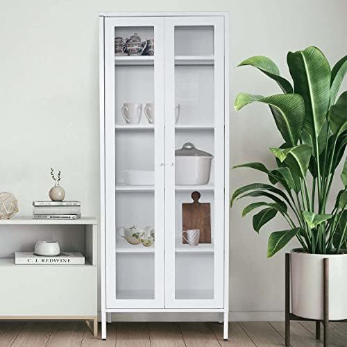 Greenvelly White Metal Storage Cabinet, 72" Tall Curio Display Cabinet Bookcase with 2 Glass Door... | Amazon (US)