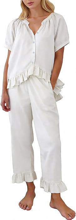 COZYPOIN Cotton Pajamas for Women Set 2 Piece Button Down Puff Sleeve Babydoll Shirt Ruffle Pants... | Amazon (US)
