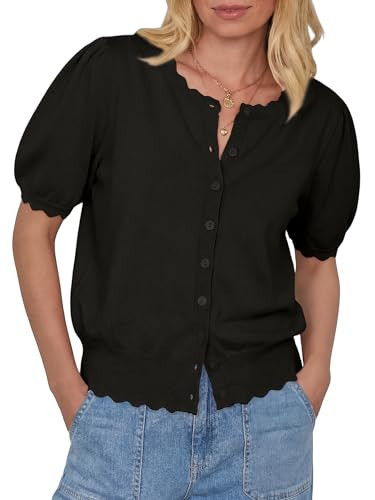 MONORA Cardigan Sweaters for Women Short Sleeve Knit Tops Scalloped Crewneck Puff Sleeves Button Up Cardigan 2026 Trendy Spring Summer Fashion Lightweight Dressy Casual Outfits Black | Amazon (US)