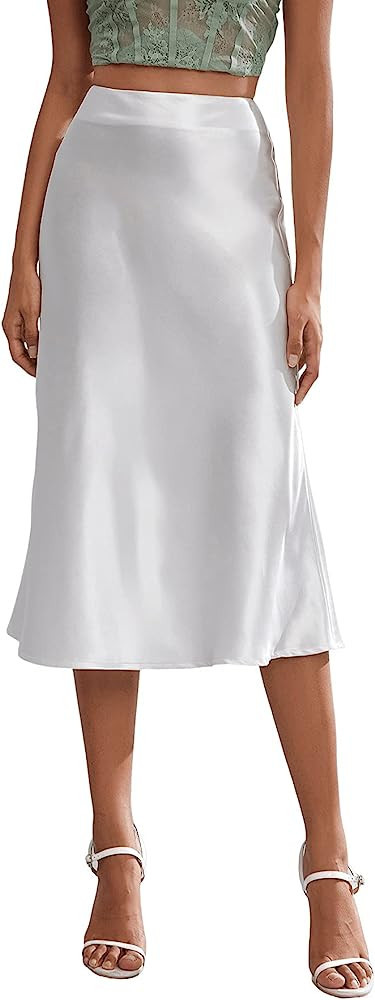 Verdusa Women's Elegant High Waist Satin A Line Flared Midi Skirt | Amazon (US)