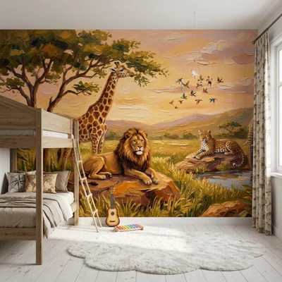 African Savanna Wallpaper Safari Animals Painterly Landscape Removable Wall Decor | Wayfair North America
