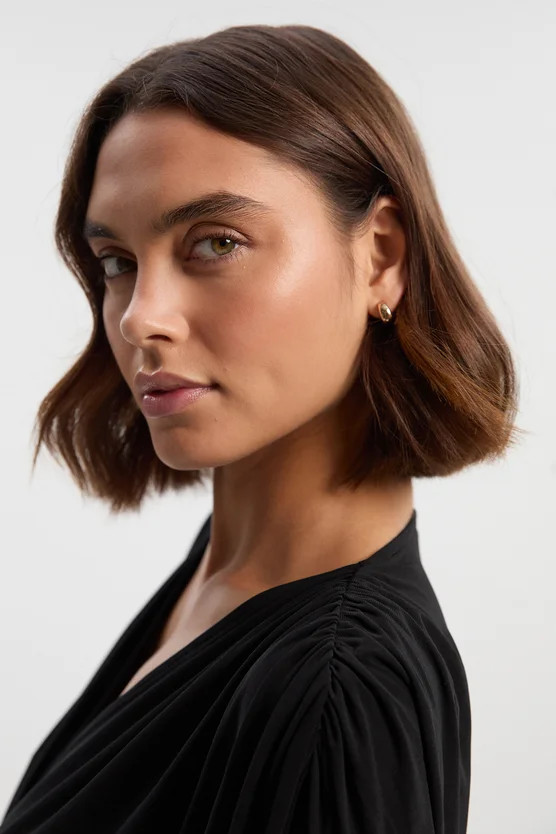 Stretch Drapey Crepe Ruched Plunge Neck Batwing Sleeve Bodysuit | Karen Millen UK + IE + DE + NL