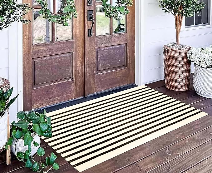 Black and Beige Outdoor Rug 2'x4.3',Striped Front Porch Rug Machine Washable Front Door Mat Entry... | Amazon (US)