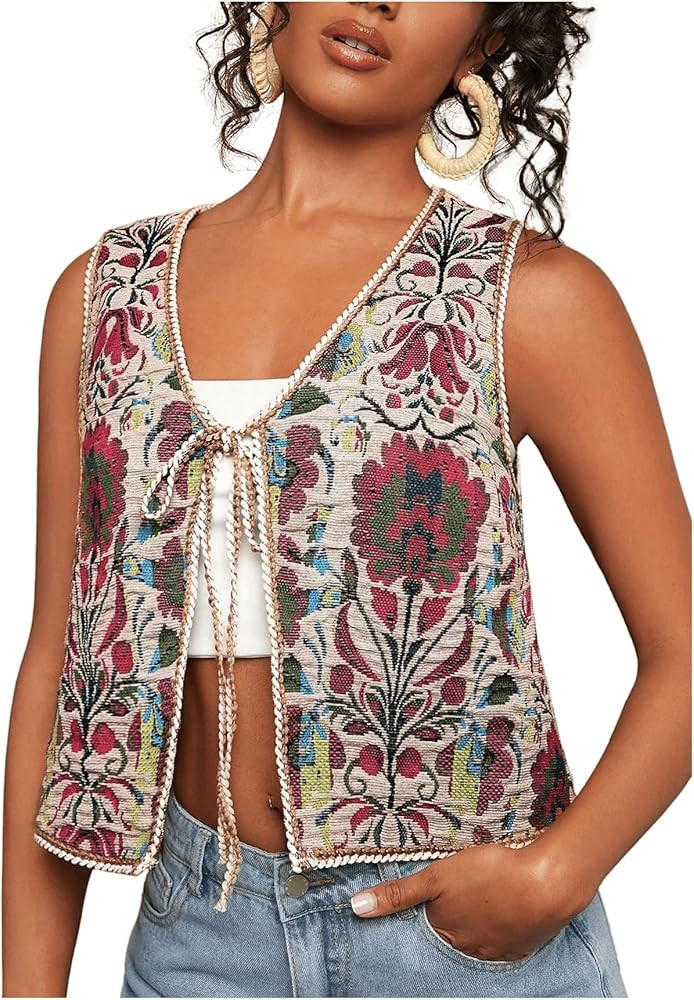 Verdusa Women's Boho Floral Vest Tie Front V Neck Sleeveless Festival Western Outwear Jacket | Amazon (US)