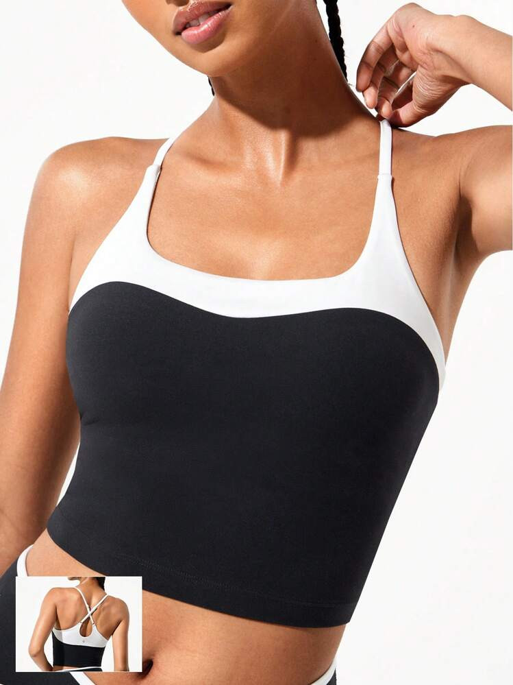 GLOWMODE FeatherFit™ Energizer Slim Fit Color Contrast Crossover Straps Low Neckline Removable Cups Cropped Active Tank Low-Impact Yoga Pilates Studio Daily Casual Wear Fall Winter | SHEIN