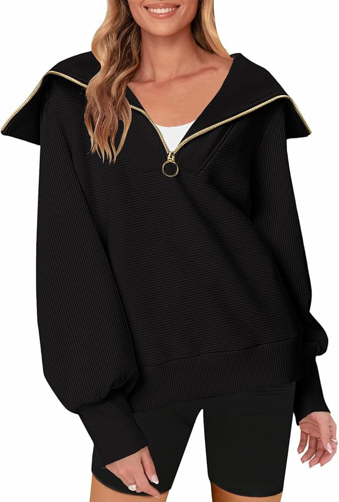 MEROKEETY Women's 2023 Long Sleeve Quarter Zip Sweatshirt V Neck Collar Ribbed Y2K Pullover Tops | Amazon (US)