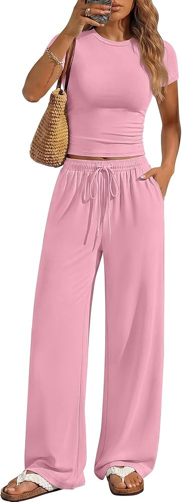 ANRABESS Women's 2 Piece Summer Matching Lounge Sets Wide Leg Pants Ruched Crop Tops Sweatsuits S... | Amazon (US)