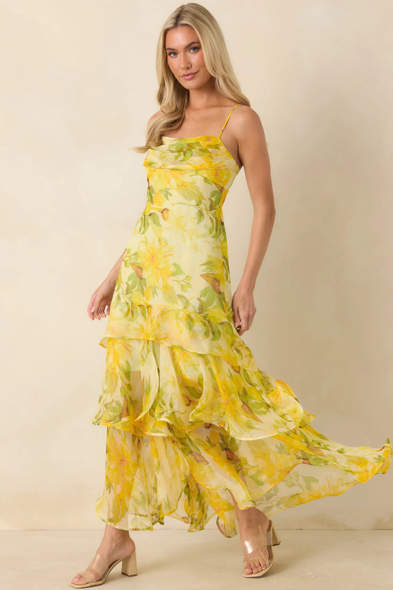 ASTR The Label Alison Yellow Floral Tiered Drop-Waist Maxi Dress | Red Dress